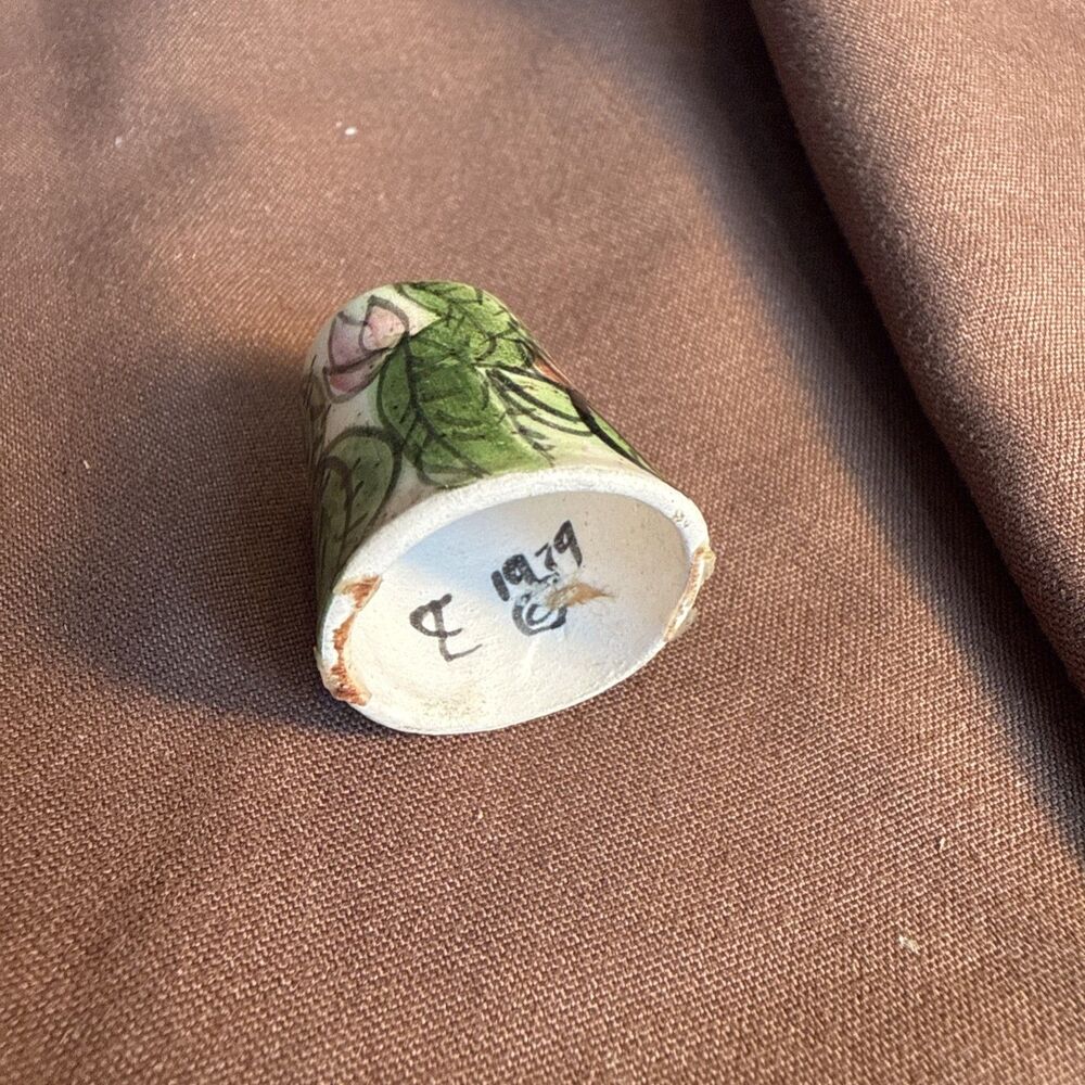 Vintage 1979 Hand Painted Ceramic Thimble Floral Leaf Design Signed Karen 1979